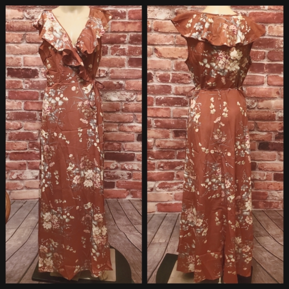 Brown Boho Floral Wrap Maxi Dress 4, 8, 12 NWOT - Picture 3 of 3